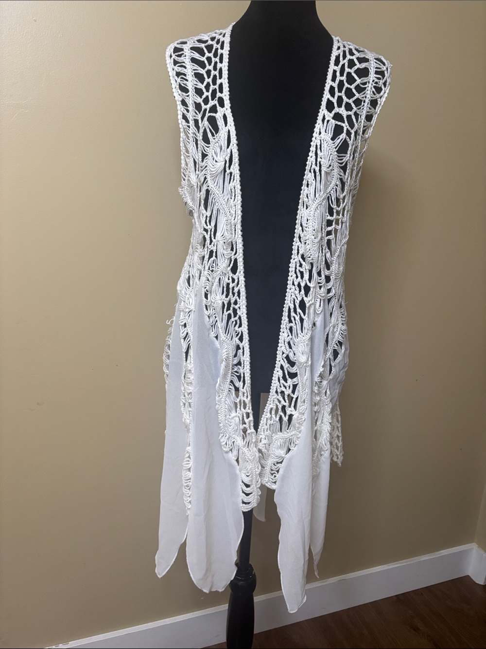 White Crochet Open Front Vest